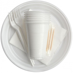 Набор посуды одноразовой OfficeClean на 6 персон (вилки, стаканы, тарелки, салфетки)