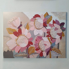Картина настенная Абстракция с цветами и белым мрамором, 80*60 см., акр. краски, лак, зол. поталь
