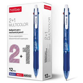 Ручка шариковая  2 цвета + карандаш Hatber, автоматическая, 0.7 мм