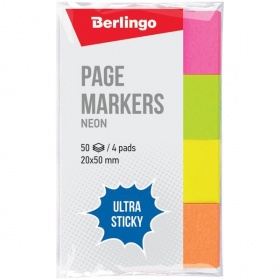 Закладки самоклеящиеся бумажные 20*50 мм Berlingo Ultra Sticky 4 цв по 50 л,., неон